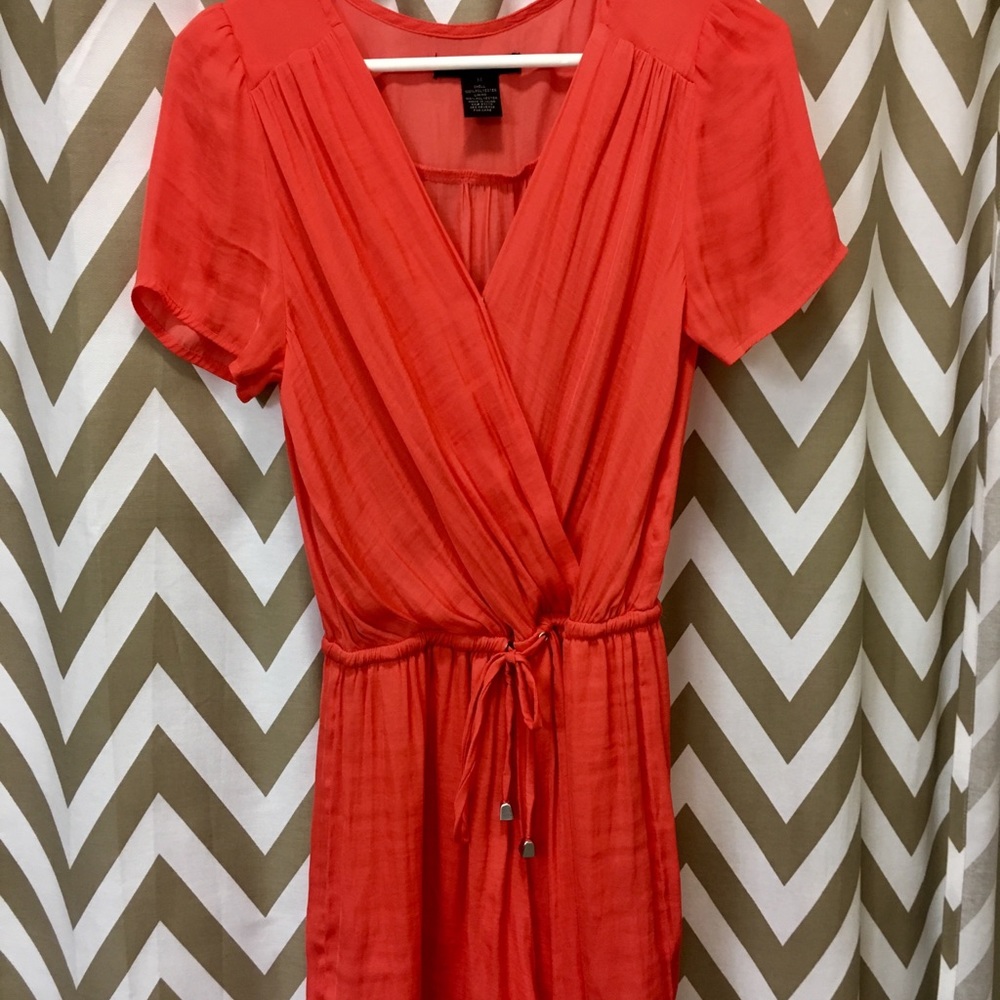 Coral wrap top, front tie romper